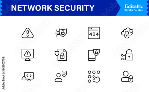 Network Security Professional Line Icon Set – Modern Minimal Cybersecurity, Data Protection, Privacy, Firewall, Malware, Safety, Encryption, Technology, and Secure System