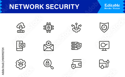 Network Security Professional Line Icon Set – Modern Minimal Cybersecurity, Data Protection, Privacy, Firewall, Malware, Safety, Encryption, Technology, and Secure System