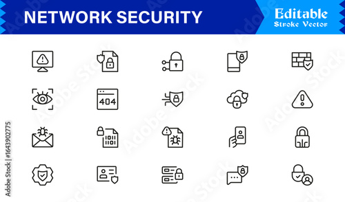 Network Security Professional Line Icon Set – Modern Minimal Cybersecurity, Data Protection, Privacy, Firewall, Malware, Safety, Encryption, Technology, and Secure System