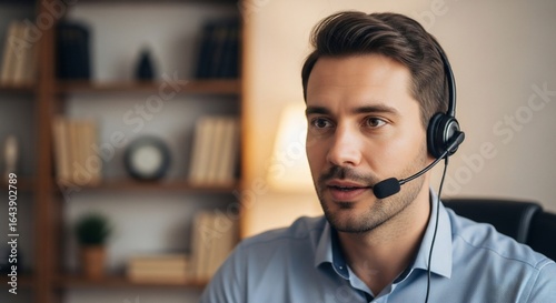 Customer Service Agent at Work: A focused customer service representative wearing a headset is actively engaged in a conversation, his attentive expression conveying dedication to his role.