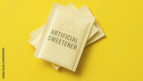 artificial sweetener sachets fanned out on a bright yellow background