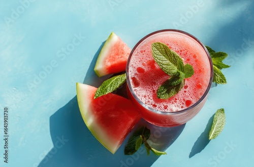 Watermelon Mint Refresher on Turquoise Background - Perfect for Summer Drinks and Beverage Design