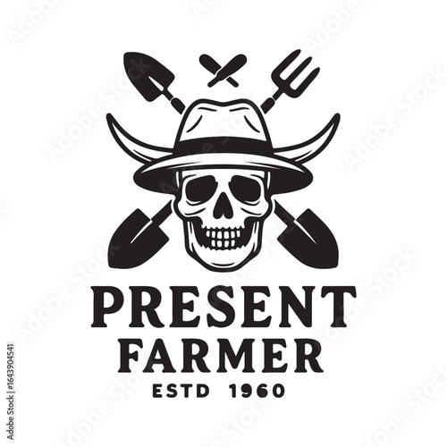 skull wearing a cowboy hat, with a shovel and pitchfork crossed behind it