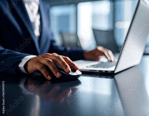 Hands working on a laptop at a desk.