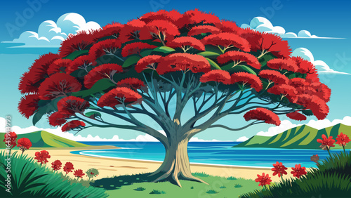 The Pohutukawa tree, also called the New Zealand Christmas tree, stands in full bloom at Takapuna Beach, its crimson flowers glowing brightly against the sparkling turquoise sea.