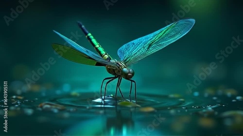 Emerald Elegance: Detailed Dragonfly Portrait on Water's Surface at Twilight