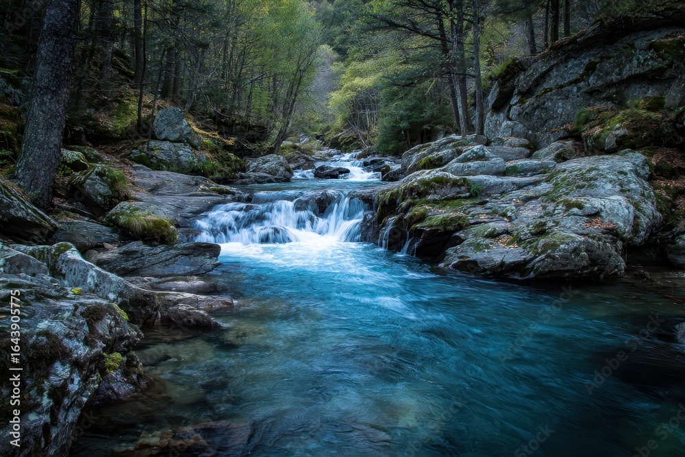 Obraz premium Water flows gently through a rocky riverbed surrounded by lush green forest during early morning hours