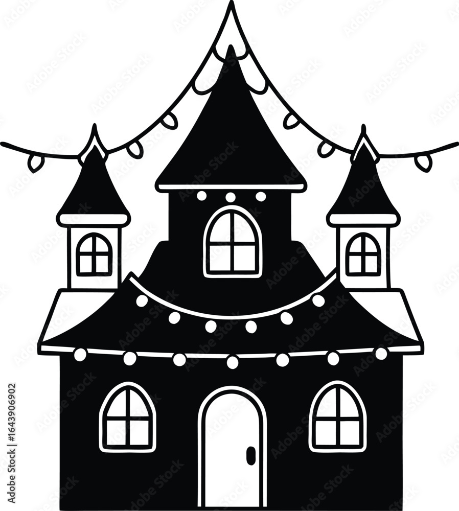 Fototapeta premium Haunted house covered in Christmas lights illustration.