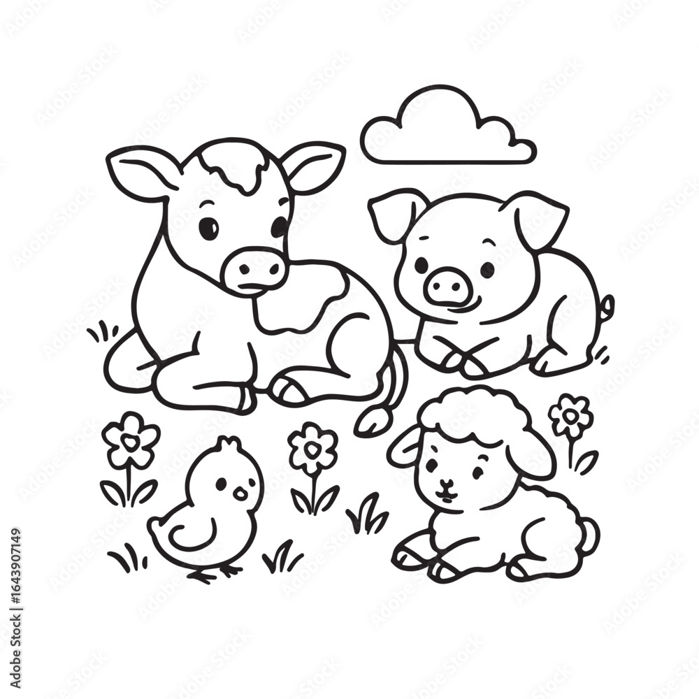 Naklejka premium Farm animals, cow, pig, and a chick, silhouette vector illustration