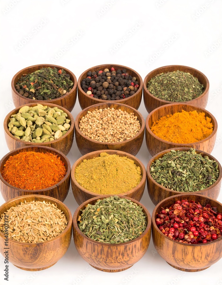 Fototapeta premium Assorted spices in wooden bowls