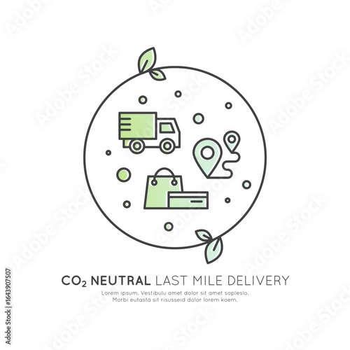Eco-friendly first and last mile delivery icons with green electric trucks, factory, warehouse, CO2 neutral, location pins, supply chain, food logistics, minimal style, sustainable transport concept