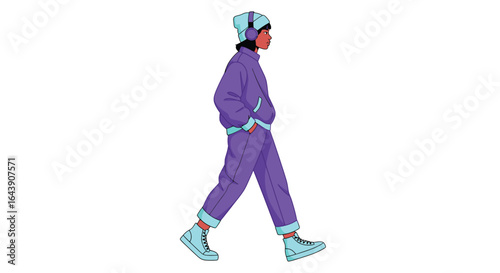 Woman walking listening to music in purple tracksuit illustration