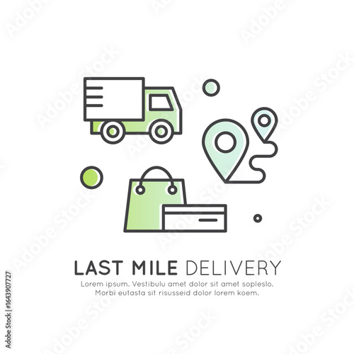Eco-friendly first and last mile delivery icons with green electric trucks, factory, warehouse, CO2 neutral, location pins, supply chain, food logistics, minimal style, sustainable transport concept
