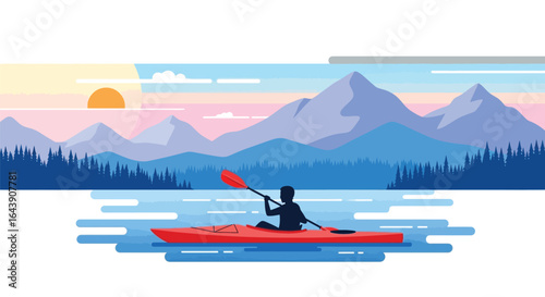 Kayaking adventure on lake with mountain view vector graphic
