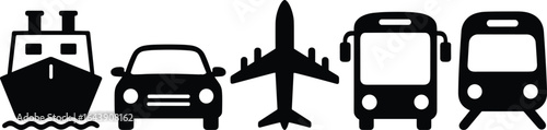 Transportation Silhouettes Set: Car, Plane, Train, Ship, Bus. Black Vector Icons of Travel and Transport Modes.