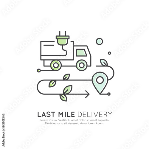 Eco-friendly first and last mile delivery icons with green electric trucks, factory, warehouse, CO2 neutral, location pins, supply chain, food logistics, minimal style, sustainable transport concept