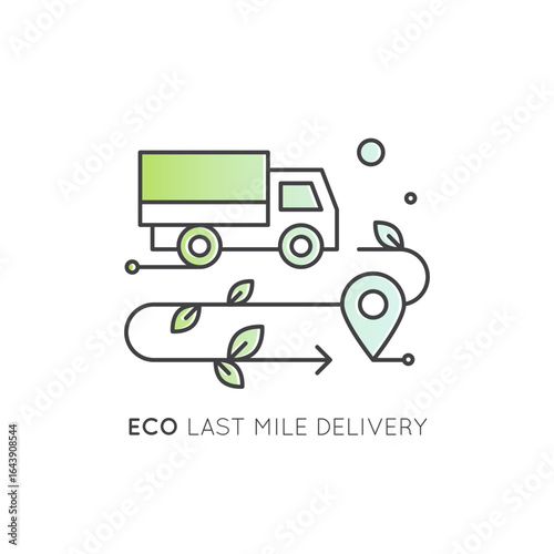 Eco-friendly first and last mile delivery icons with green electric trucks, factory, warehouse, CO2 neutral, location pins, supply chain, food logistics, minimal style, sustainable transport concept