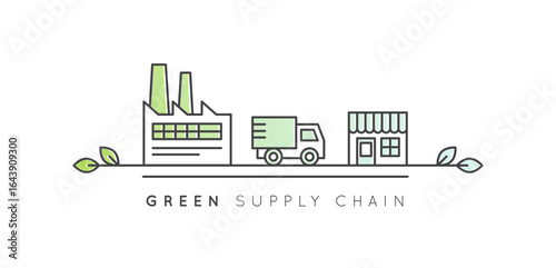 Eco-friendly first and last mile delivery icons with green electric trucks, factory, warehouse, CO2 neutral, location pins, supply chain, food logistics, minimal style, sustainable transport concept