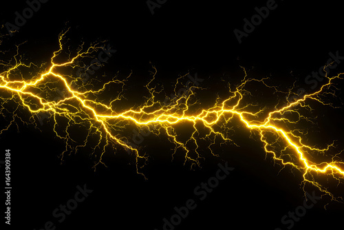 Bright yellow lightning bolt striking across a dark background, showcasing natural energy and power