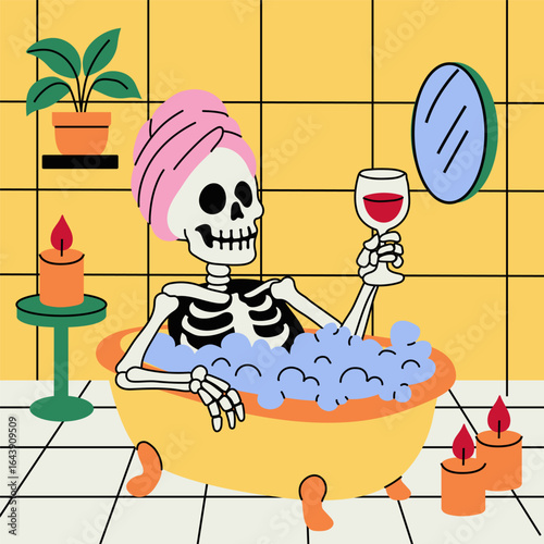 Cartoon skeleton in yellow bathtub with bubbles wearing pink towel holding glass of red wine surrounded by candles in tiled bathroom