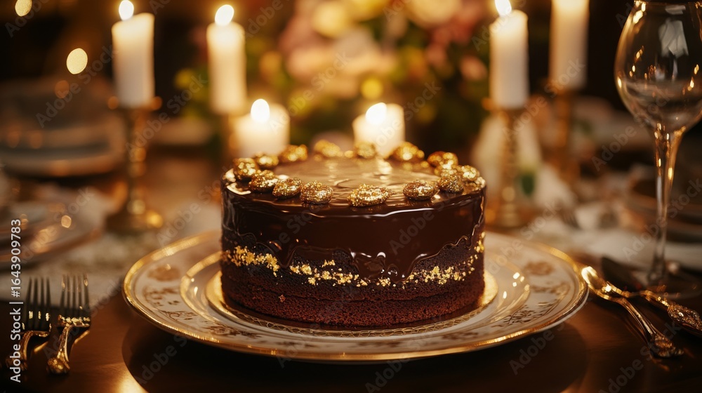 Fototapeta premium Elegant chocolate cake adorned with gold accents at a candlelit dinner table during a festive gathering