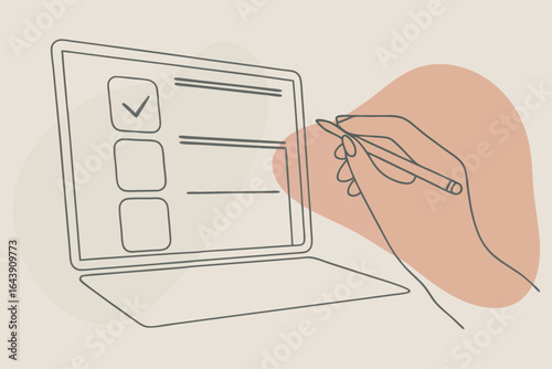 Hand completing an online survey on a laptop, Minimalist line art with abstract shapes, Vector illustration - Generative AI