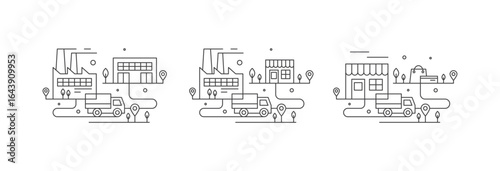 Eco-friendly first and last mile delivery icons with green electric trucks, factory, warehouse, CO2 neutral, location pins, supply chain, food logistics, minimal style, sustainable transport concept