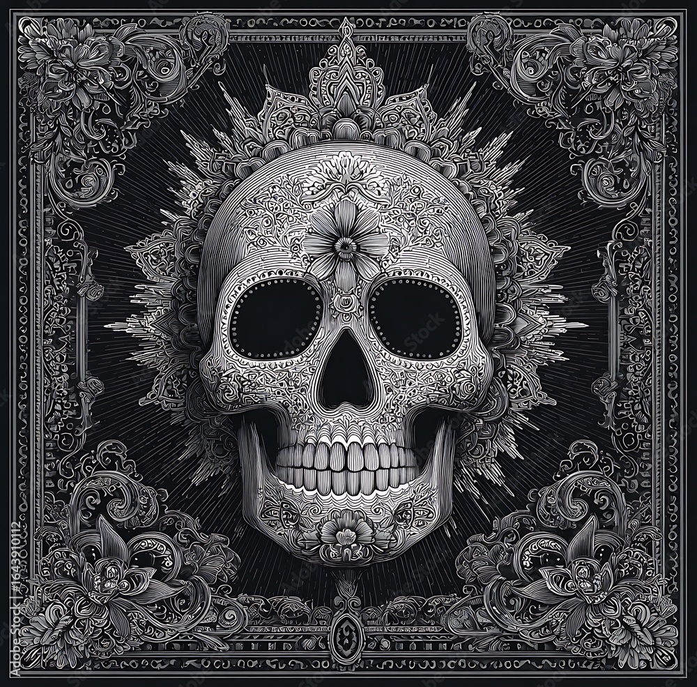 Fototapeta premium Grayscale vector sugar skull with intricate background