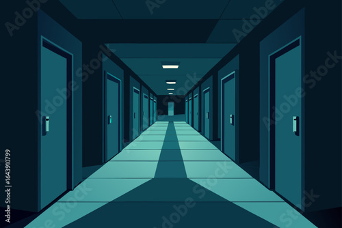 Dimly Lit Institutional Hallway