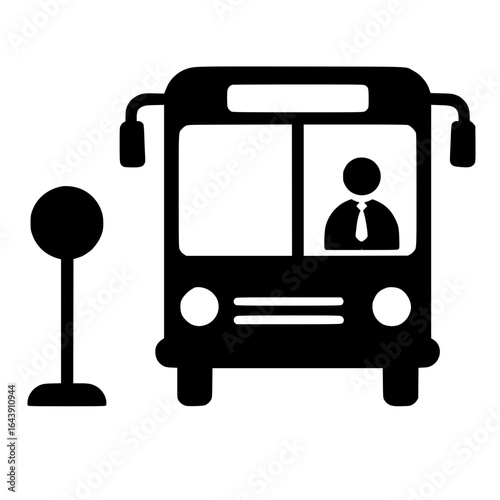 Black Bus Icon at Stop with Driver Silhouette
