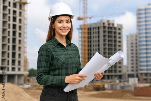 Confident Civil Engineer Holding Blueprints on Building Construction Site with Cranes