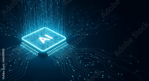 Futuristic glowing ai chip with digital data streams emanating from a circuit board in deep blue tones