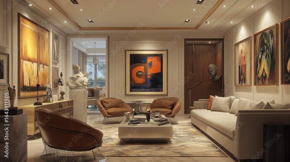 Fototapeta premium Elegant living room design features contemporary art in a modern home environment during daylight hours