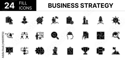 Collection of 24 Business strategy fill icons featuring editable strokes. These outline icons depict various modes of  business, strategy, set, line, team, target, plan, outline, goal, puzzle, thin,