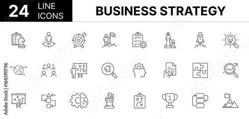 Collection of 24 Business strategy line icons featuring editable strokes. These outline icons depict various modes of  business, strategy, set, line, team, target, plan, outline, goal, puzzle, thin,