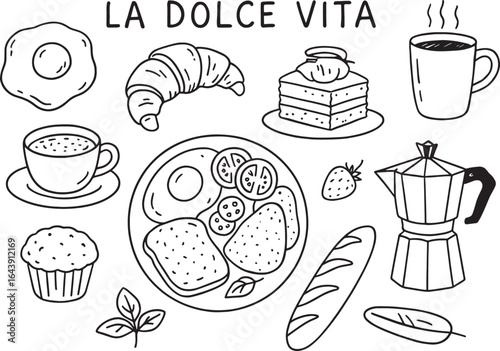 La Dolce Vita Doodle Set 🇮🇹☕: Cute hand-drawn Italian breakfast & coffee clip art. Perfect for menus, travel blogs, and cafe branding.