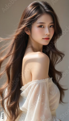 Beauty portrait of a beautiful young woman with long hair blowing in the wind and glowing skin. Beautiful hair, beauty image, natural.風になびく長い髪と輝く肌を持つ美しい若い女性の美容ポートレート。美しい髪、美容イメージ、ナチュラル。