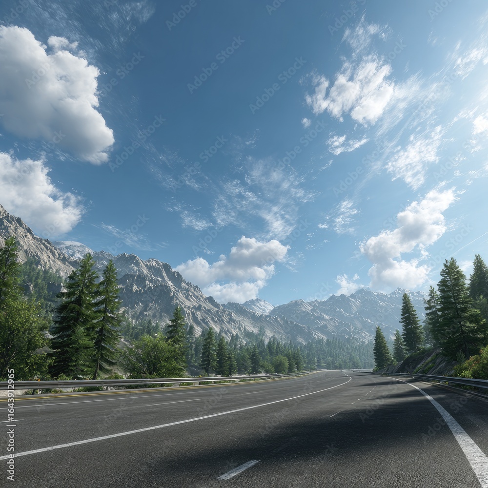 Naklejka premium Sun-drenched mountain highway curves gently through a coniferous forest under a mostly clear sky, with majestic peaks in the background