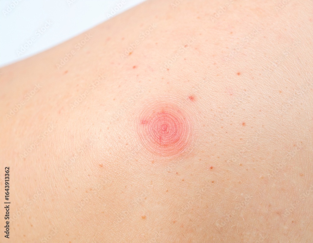 Fototapeta premium Detailed close-up of a red, inflamed circular lesion on human skin with a spiral pattern, representing a skin allergy, insect bite, or irritation.