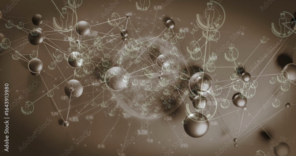 Obraz premium Displaying metallic spheres forming network in digital space, with human icons and numeric labels