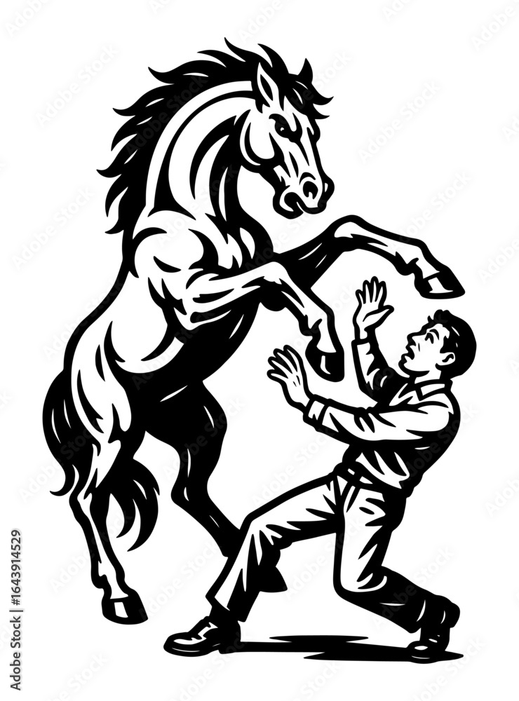 Fototapeta premium Rearing Horse Attacking Man Vector Illustration