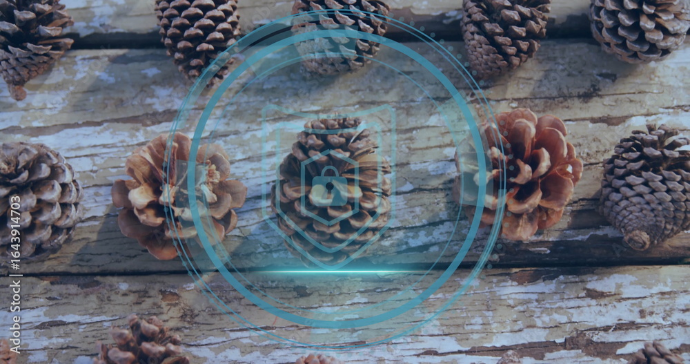 Fototapeta premium Displaying central pine cone showing digital padlock overlay on wooden plank, with pine cones