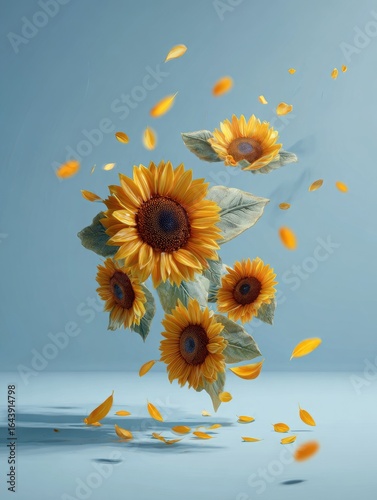 Sunflowers and petals levitate against a muted blue backdrop, casting soft shadows.  The image has a serene, ethereal quality
