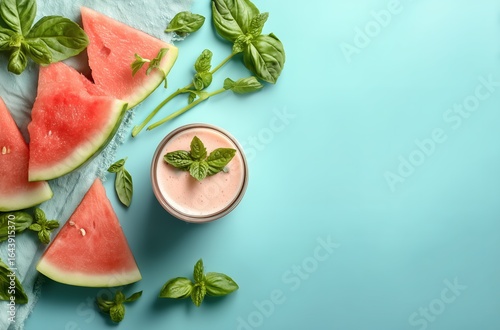 Healthy Summer Smoothie with Fresh Watermelon and Basil on Turquoise Background