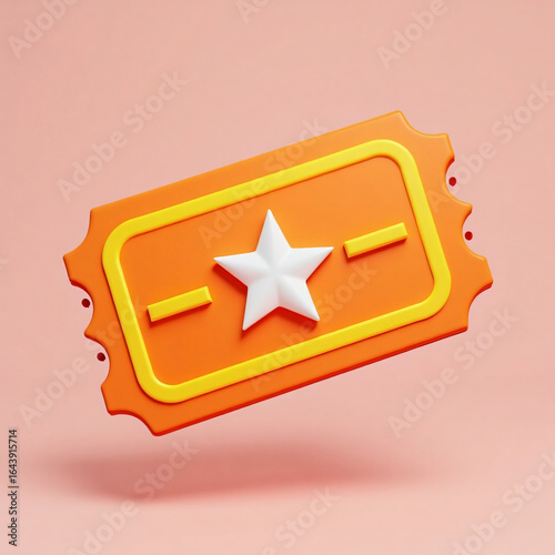 Bright orange 3d ticket with yellow border and white star icon floating against a soft pink background