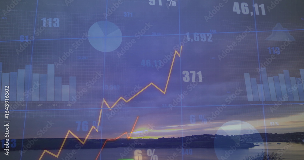 Obraz premium Rising orange line graph hovering at lakeside dawn, with blue bars, pie chart, numeric labels, grid