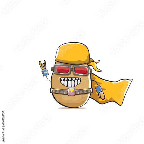 vector funny cartoon cute brown super hero potato with mask, orange hero cape and gun isolated on white background. My name is potato vector concept. Super hero funky vegetable food character