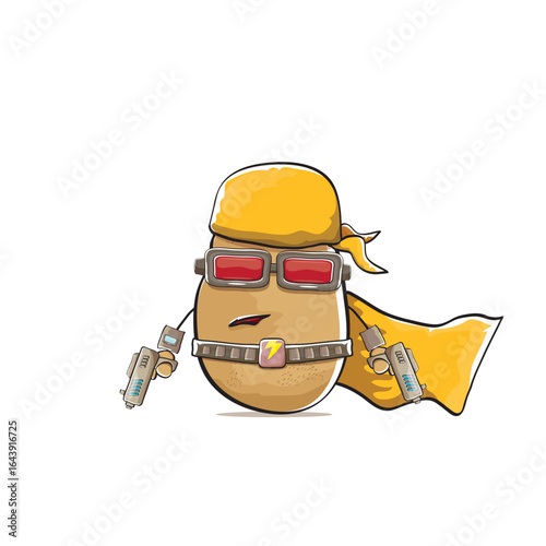 vector funny cartoon cute brown super hero potato with mask, orange hero cape and gun isolated on white background. My name is potato vector concept. Super hero funky vegetable food character