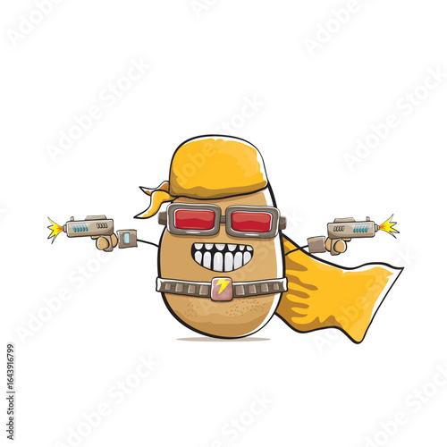 vector funny cartoon cute brown super hero potato with mask, orange hero cape and gun isolated on white background. My name is potato vector concept. Super hero funky vegetable food character