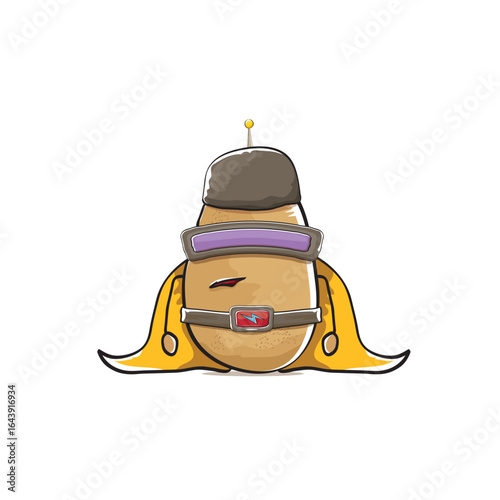 vector funny cartoon cute brown super hero potato with mask, orange hero cape and gun isolated on white background. My name is potato vector concept. Super hero funky vegetable food character